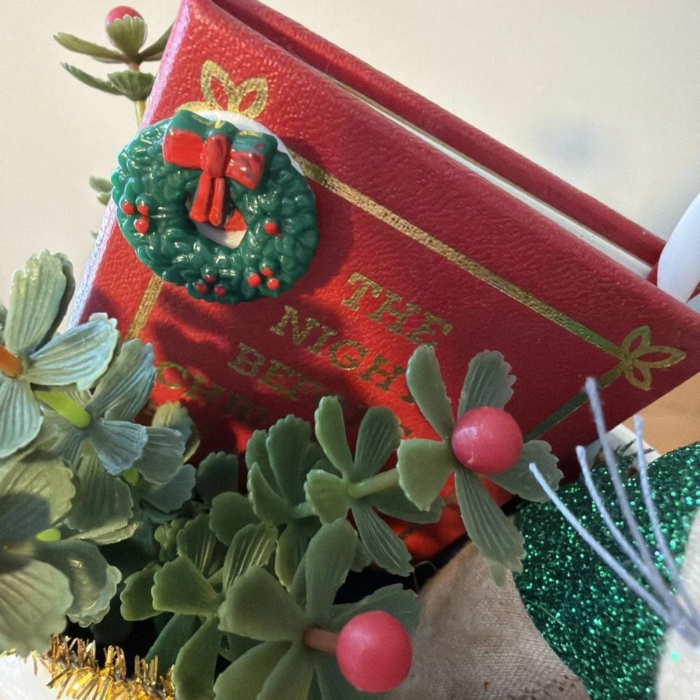 Vintage Lefton Christmas Red Santa‎ Boot Planter Mouse & Book Plastic Holly